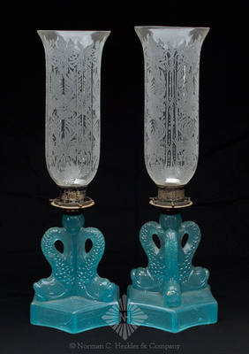 Pair Of Pressed Glass Three Dolphin Fluid Lamps, B/K #2145