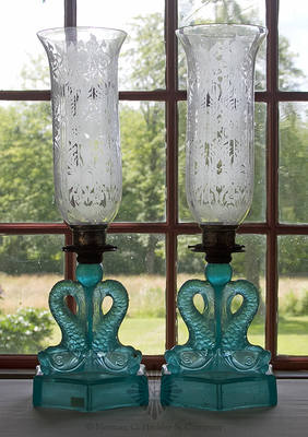 Pair Of Pressed Glass Three Dolphin Fluid Lamps, B/K #2145