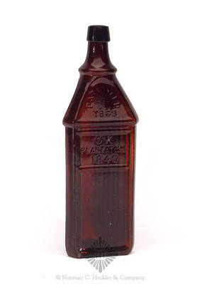 "OK / Plantation / 1840 / Patented / 1863" Figural Bitters Type Bottle, R/H pg. 408