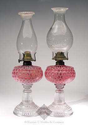 Pair Of Pressed Glass Coin Spot Fluid Lamps