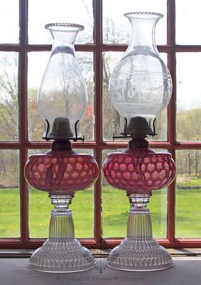 Pair Of Pressed Glass Coin Spot Fluid Lamps