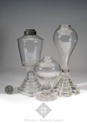 Lot Of Three Freeblown Fluid Lamps With Pressed Glass Bases, Similar in form and construction to B/K #2054, #2032 and #2058