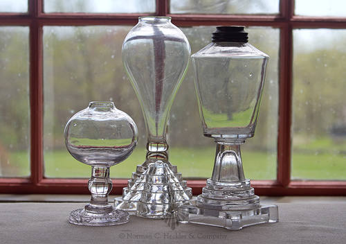 Lot Of Three Freeblown Fluid Lamps With Pressed Glass Bases, Similar in form and construction to B/K #2054, #2032 and #2058