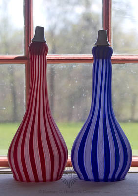 Pair Of Striped Art Glass Barber Bottles