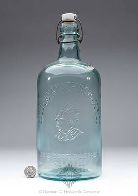 "Cold Indian Spring Water Co. / (Bust Of Indian In Headdress) / This Bottle Loaned / Not Sold / Five Pints" Spring Water Bottle, This bottle is referenced on pg. 16 of Indian Bottles And Brands" by John Odell