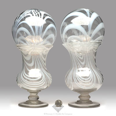 Pair Of Freeblown Witch Balls And Stands, Similar in form to PG plate 428, left and PG 488