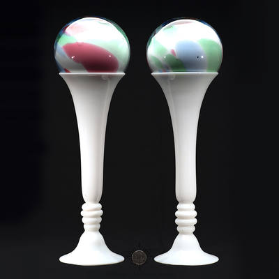 Pair Of Freeblown Witch Balls And Stands, Similar in form to B/K #3001a