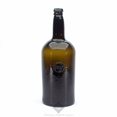 "DRL." Sealed Black Glass Wine Bottle, Similar in form and construction to ASB pg. 1257, left