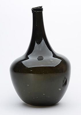 Unusual Early Black Glass Bottle; dark olive green, ht. 12 1/2 inches.